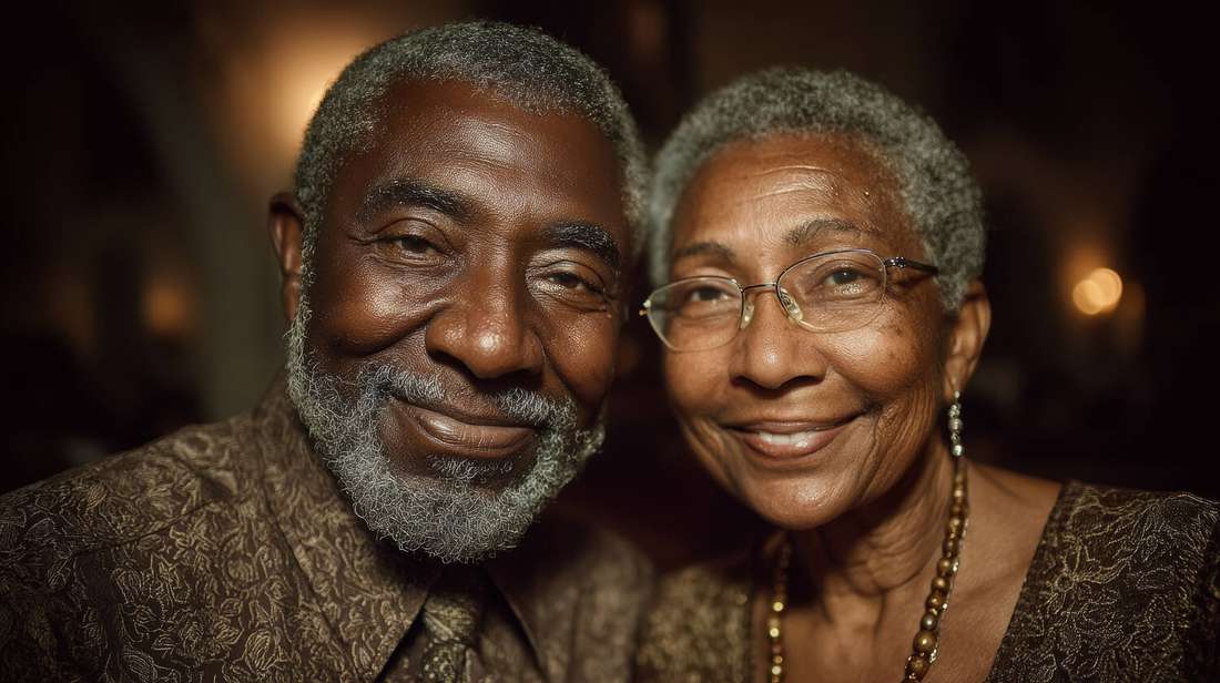 An elderly Black couple smiling, heads close together, in warm light