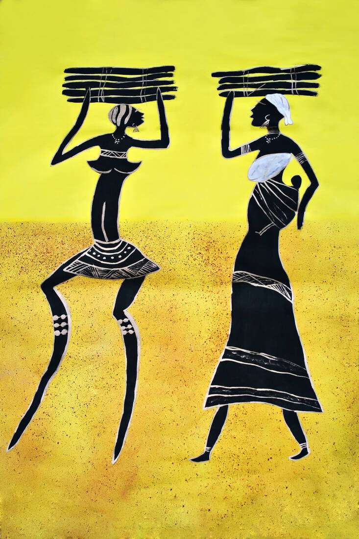 A painting of two African women carrying loads on their heads