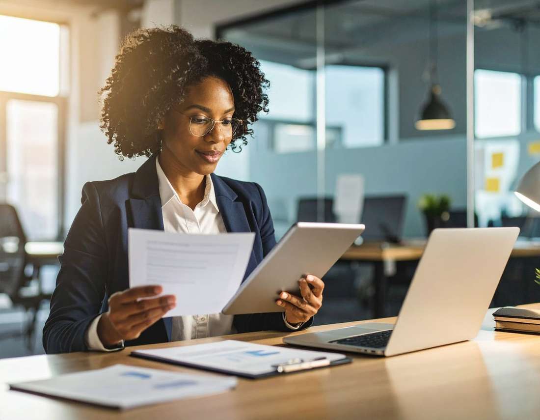 A Black woman in glasses and a blazer studying her notes and tablet at her desk, laptop open beside her