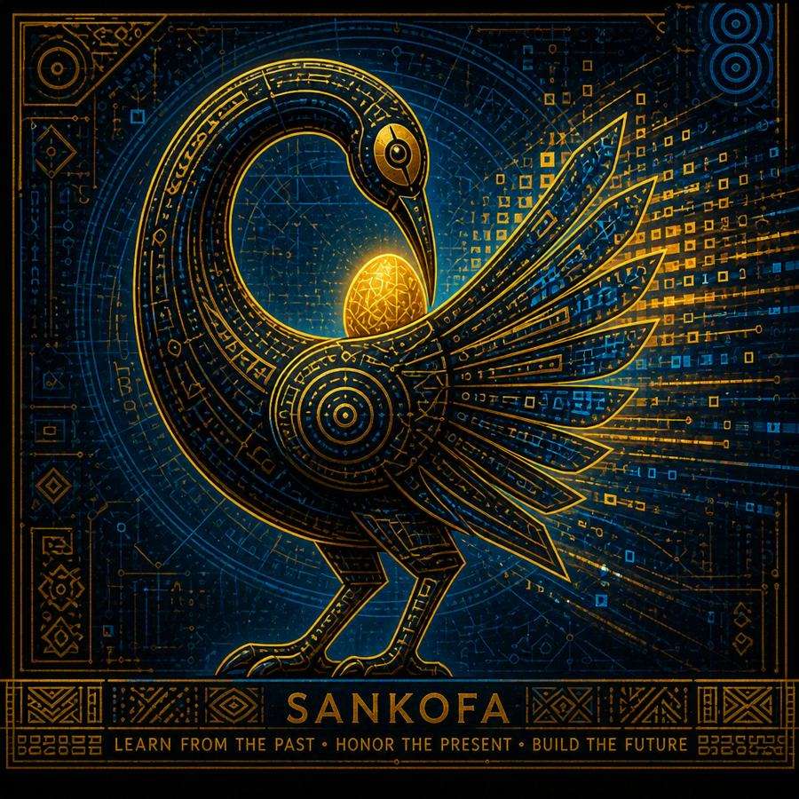 A golden Sankofa bird reaching back for an egg, with the words learn from the past, honour the present, build the future